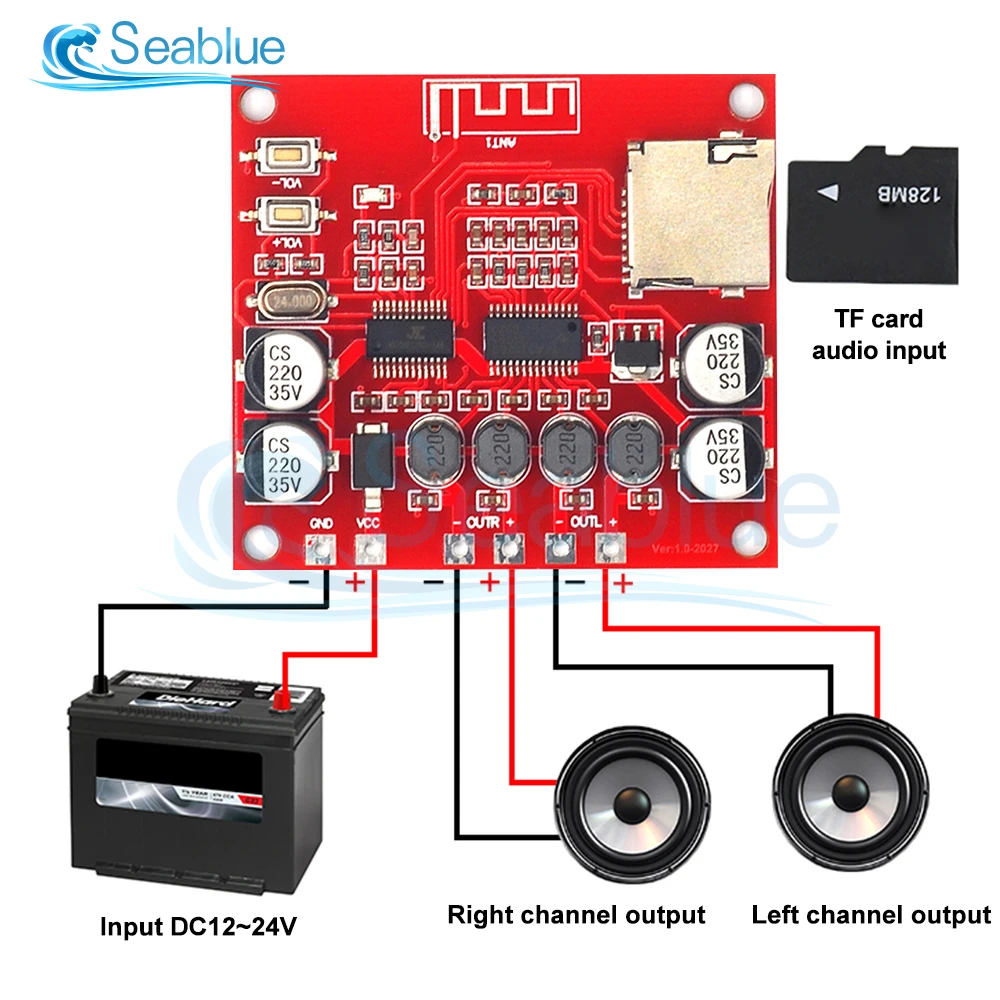 XH-A233 Dual 2*15W  Bluetooth4.2 Digital Power Amplifier Board Stereo Wireless Music Player TF Card Play 12V-24V Audio Amp