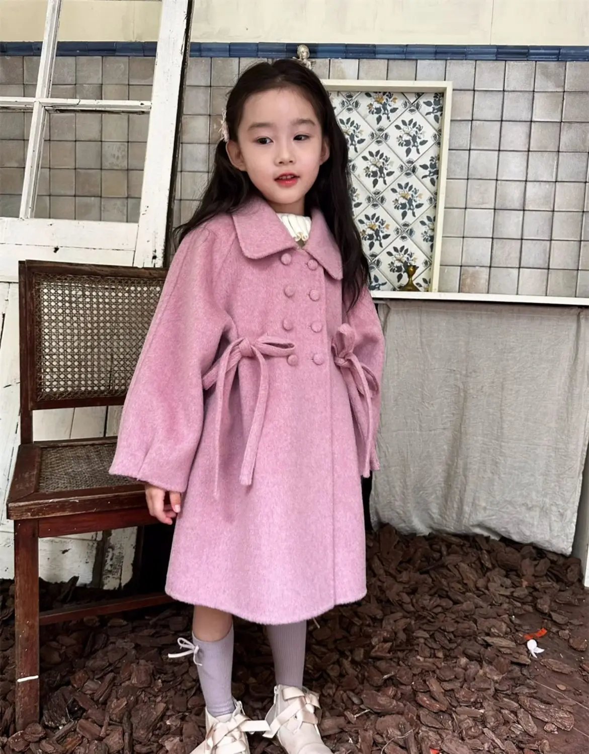 الخريف والشتاء طفل الفتيات معطف الصوف جديد الحلو الوردي الأرجواني معطف مزدوج الصدر للأطفال 90-140 سنتيمتر