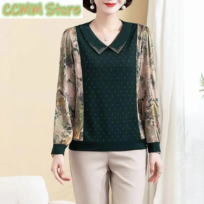 

Модная рубашка с отложным воротником и бриллиантами, весенне-осенняя повседневная женская одежда с принтом, свободная блузка с длинными рукавами для поездок на работу
