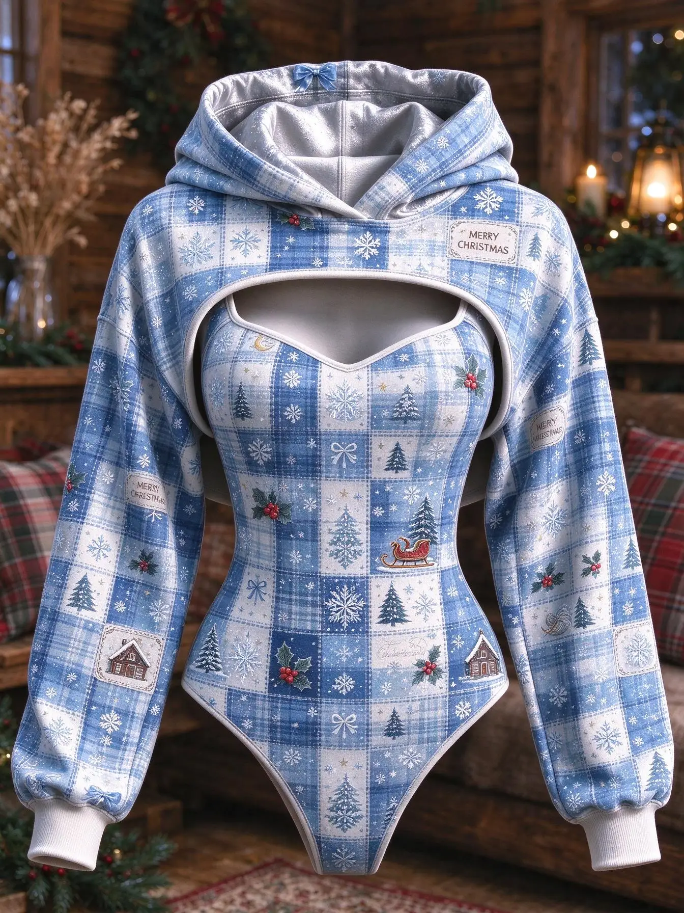Women 2Pcs Christmas Plaid Print Outfit Sleeveless Bodysuit + Hooded Long Sleeve Shrug Set Xmas Holiday Costume