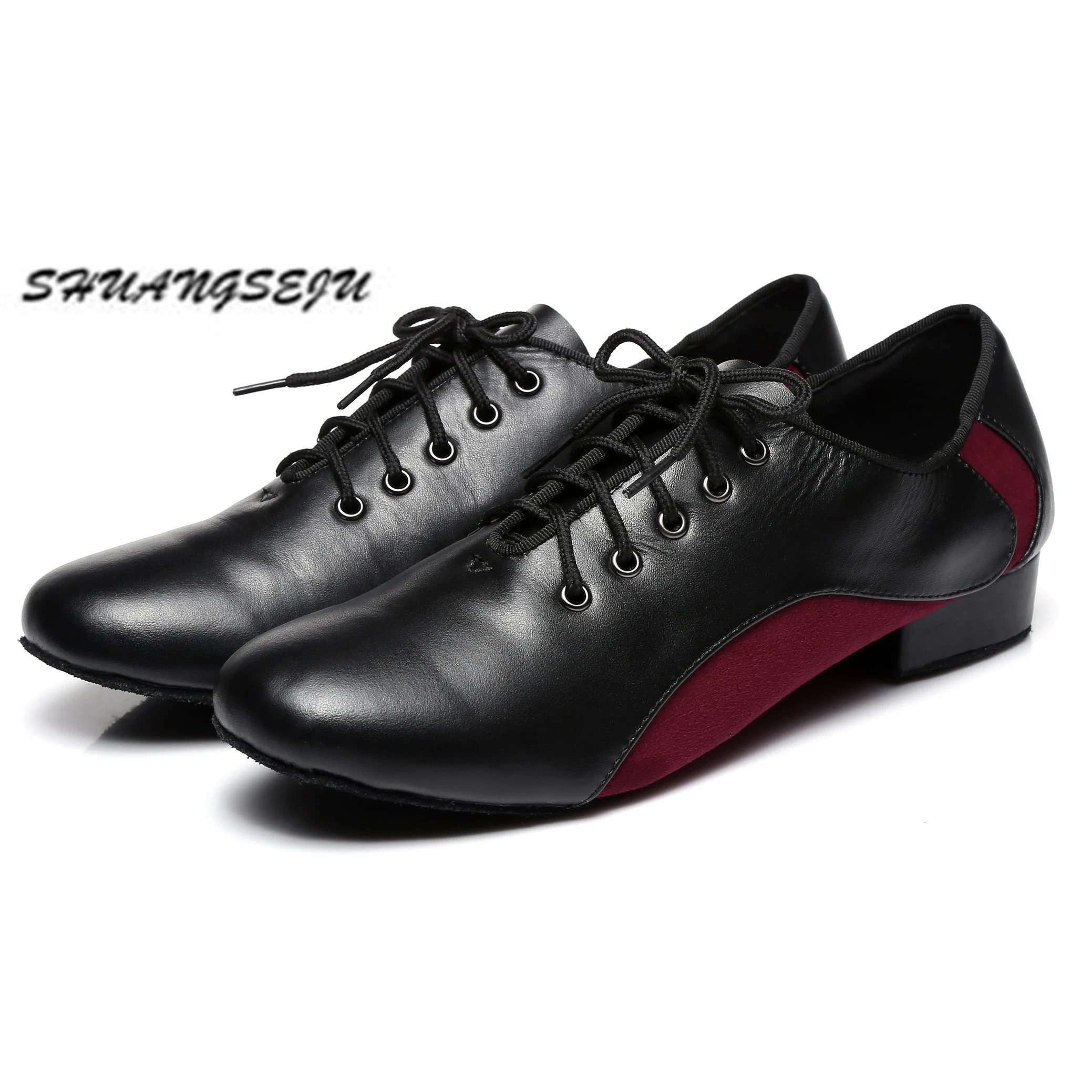 SHUANGSEJU-zapatos de baile latino de cuero para hombre, calzado de Salón Estándar Nacional De cha-cha, suela suave para interiores, tacón bajo de 2,5 cm