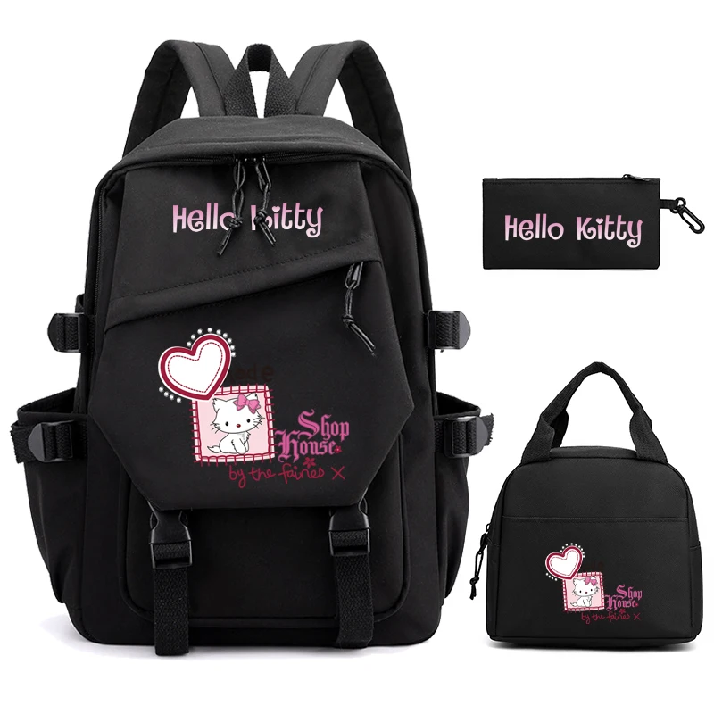 

3 шт./компл., рюкзак Hello Kitty для мальчиков и девочек, школьный рюкзак для подростков с сумкой для обеда, женский рюкзак, дорожный рюкзак Mochila Escolar