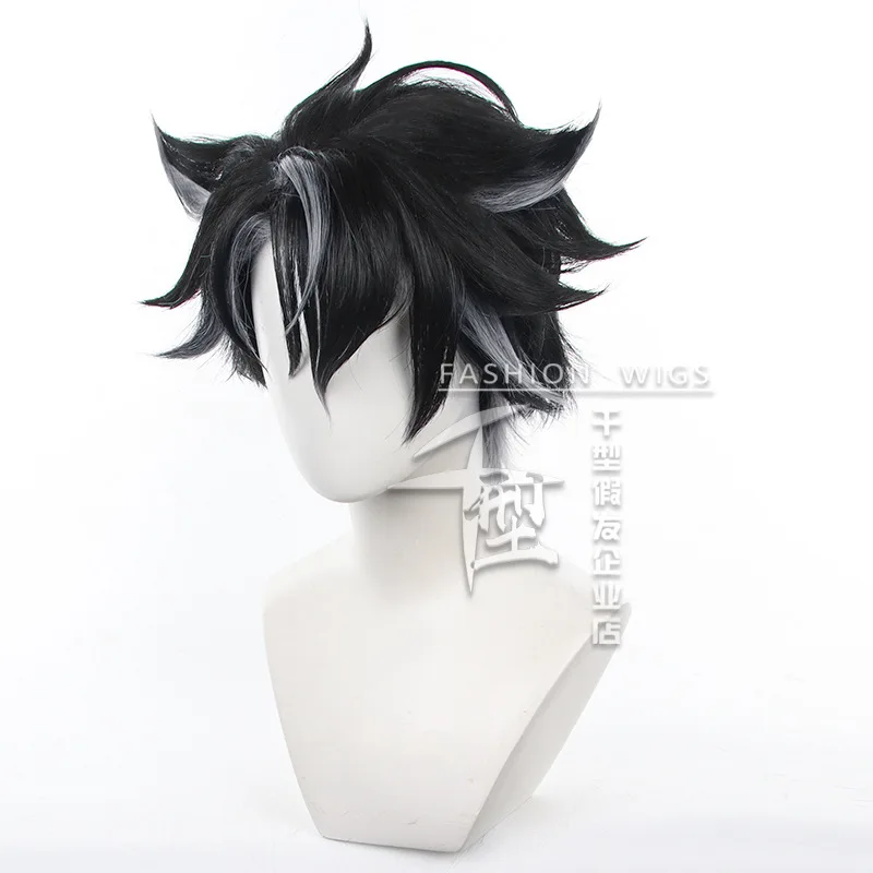 Peluca de Cosplay de Genshin Impact Fontaine para hombres y mujeres, pelo corto negro y gris, peluca de fiesta de Halloween