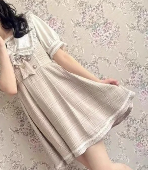 

Rojita Spring and Summer New Lace Plaid Navy Collar Dresses Japanese Sweet Cute Girl High Waist Short Sleeve Versatile Dress