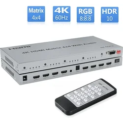 4K@60Hz HDMI Matrix Switch 4x4 with Audio Extractor 4 in 4 out HDMI 2.0 Matrix Switcher Splitter Selector box HDR HDCP2.2 18Gbps