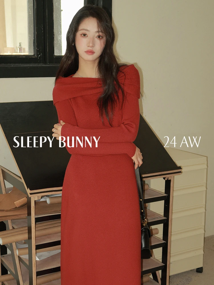 

2025 Women Winter Elegant Off-Shoulder Knit Dress Bow Detail Waist-Cinching Slimming Long Dress Warm Cozy Stylish Bodycon Dress