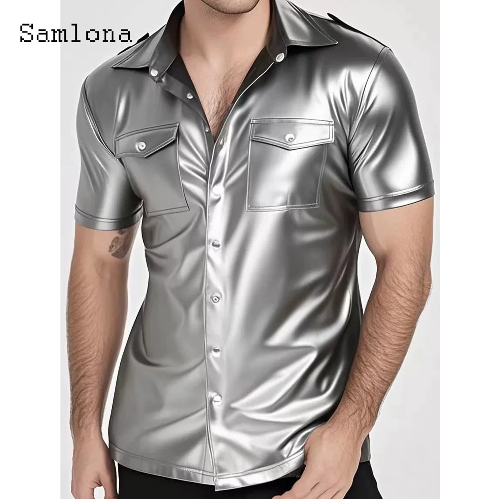 Men Short Sleeve Faux Pu Leather Shirt Sexy Night Club Dance Tops Silver Gold Erotic Blouse Mens Fashion Rock Style Shirts Homme