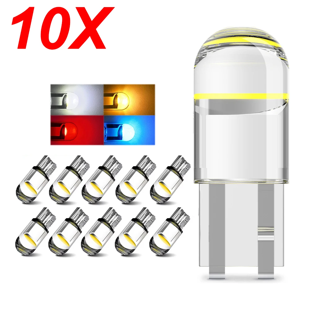 10pcs Car LED T10 W5W Canbus COB 6000k Reading Dome Lamp Marker Wedge License PlateLight Bulb 168 194 192 DC 12V White Blue Red