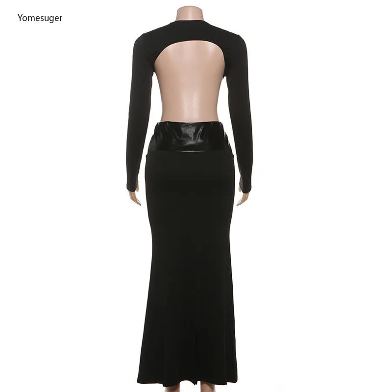 Yomesugar セクシーな中空アウト長袖マキシドレス女性ガウンエレガントな黒ディープ V ネックバックレスボディコンパーティードレスクラブウェア