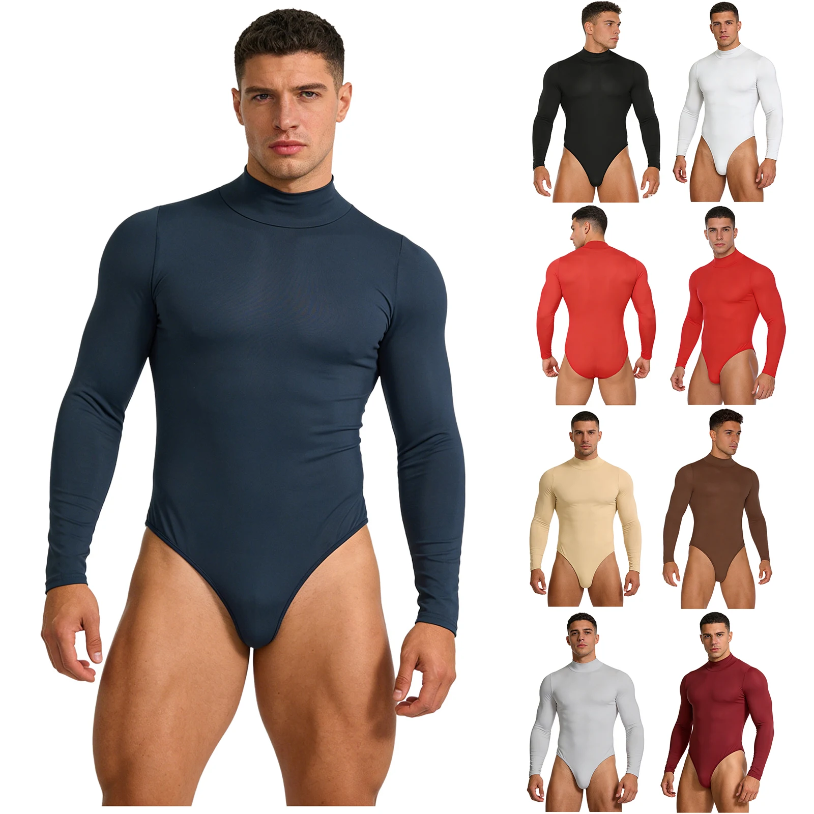 

Mens Thongs Bodysuit Mock Neck Long Sleeve Buttoned Crotch Solid Color Leotard Tops Rompers for Yoga Dance Workout Club Party