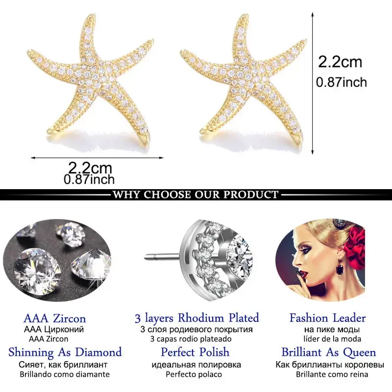 LXOEN Fashion Star Starfish Big Earrings with AAA+ Cubic Zirconia Stud Earrings for Women Jewelry Gift Bijoux