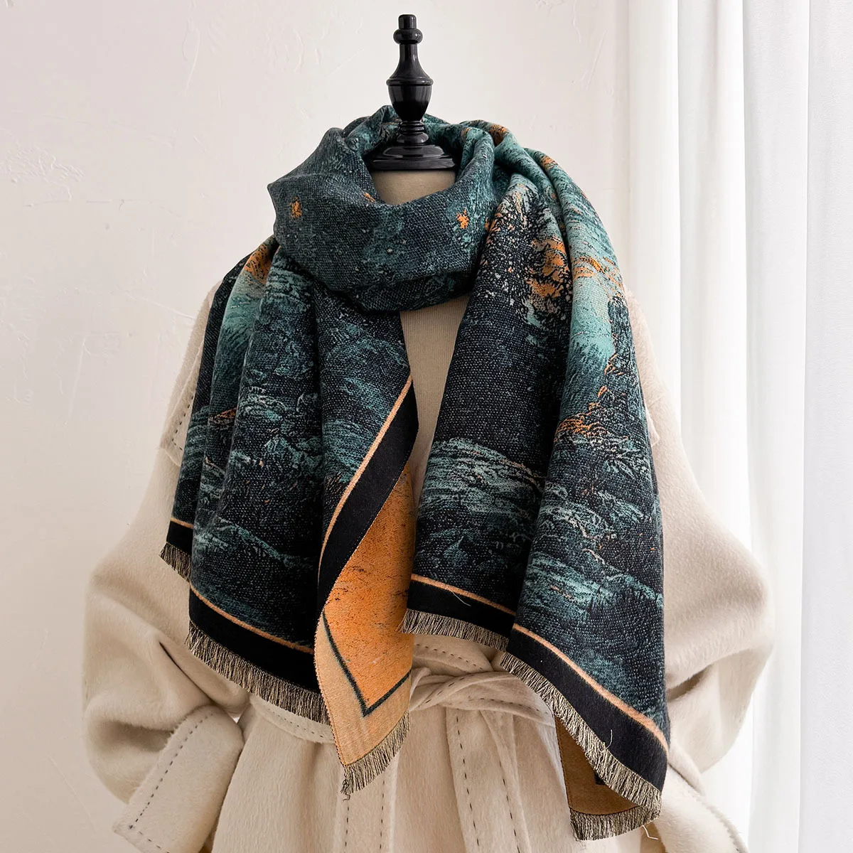Autumn Winter Women Imitation Cashmere Reversible Scarf Starry Night Philosopher Oil Painting Print Tassel Shawl Wrap Fashion