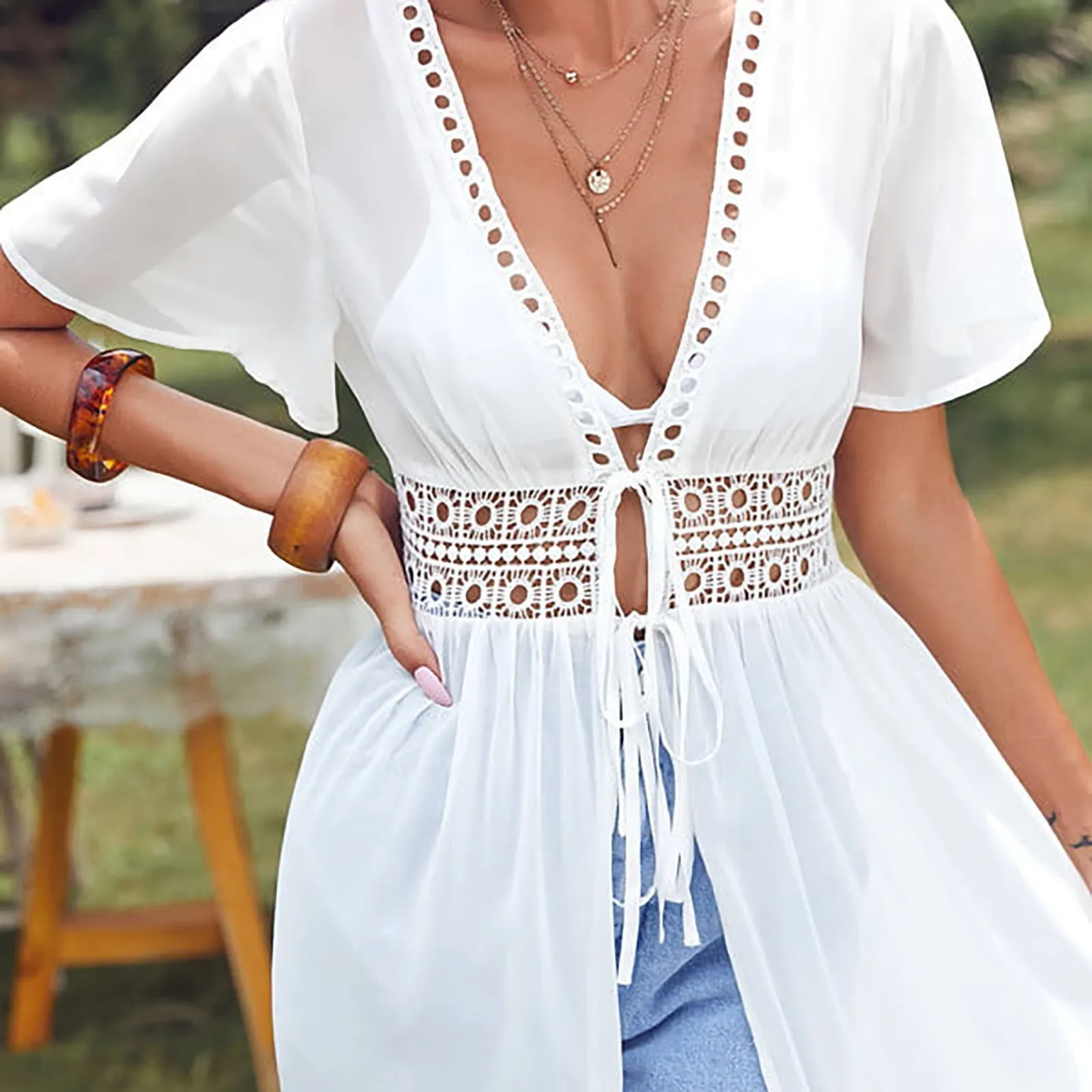 Summer 2024 Sexy Hollow Out Beach Tunic Pareo White V Neck Cover Up Long Dress Bikini Cover Up Swimwear Strój kąpielowy Strój plażowy