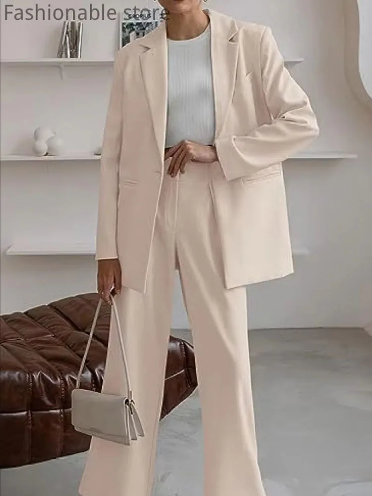 

Women's Casual Solid Color Long Sleeve Blazer Coat and High Waist Pants 2pcs Set