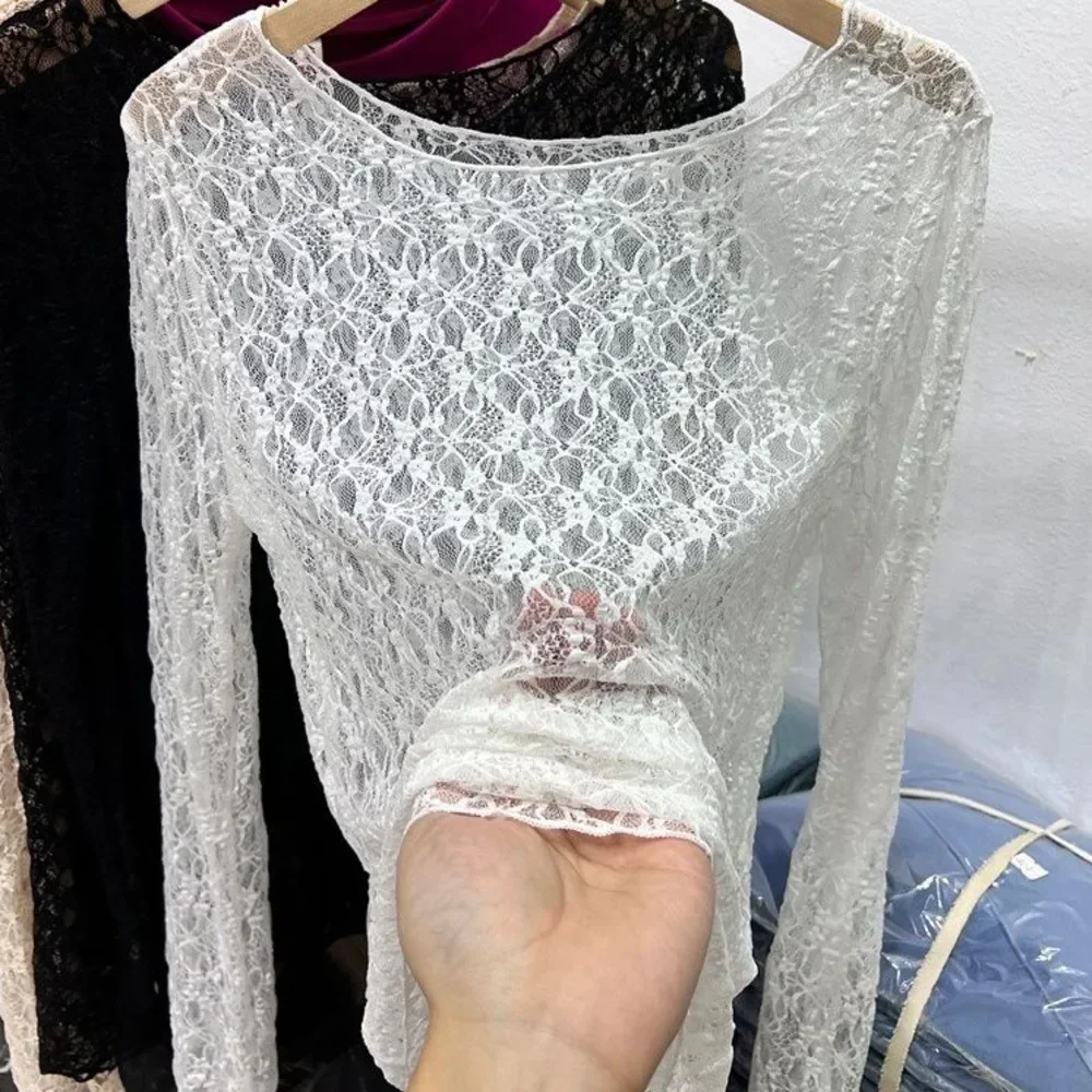 Women Lace Pullover TopS Retro Long Sleeve Round Neck See Through Solid Color Fitted T-Shirts Casual Blouse Streetwear Y2K 2000s