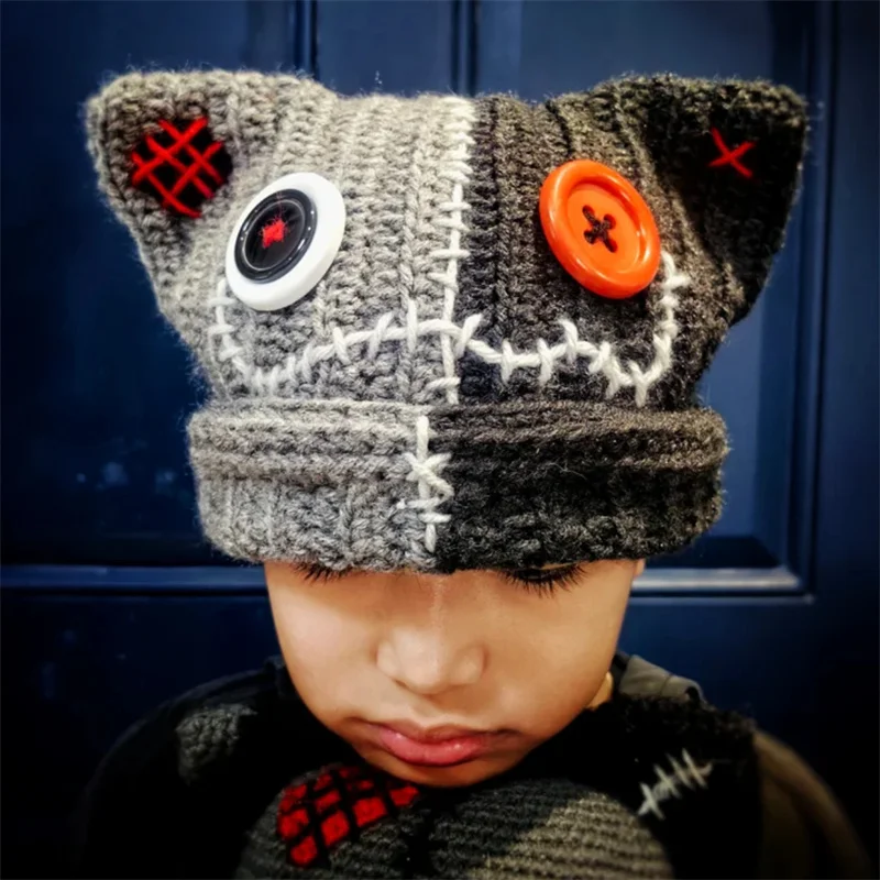 Winter warm Knitted Beanie Hat for children Cat-ear hat buttons adorn children's pullover hats halloween outdoor windproof hat