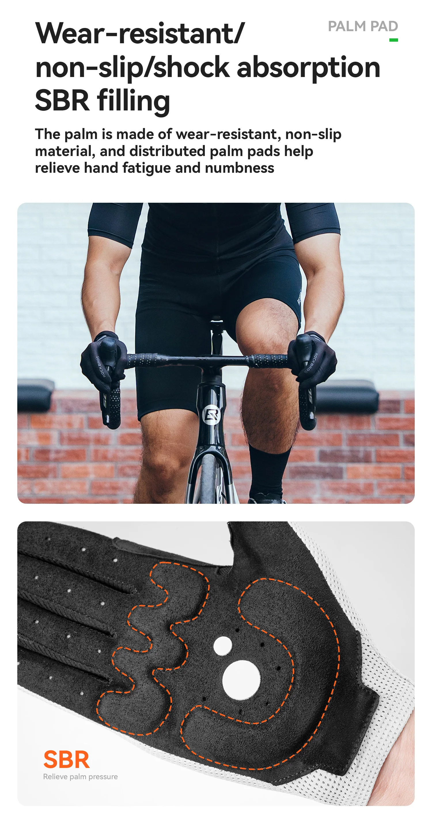 ROCKBROS Fahrradhandschuhe mit Vollfingerbedeckung, Touchscreen-fähig, Atmungsaktiv, Rutschfest, Stoßdämpfende Handflächenpolsterung – Detail 7