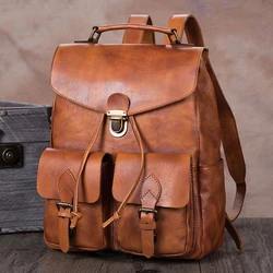 Men's Backpack Handmade Leather Laptop Bag Men Schoolbag Travel Backpacks First Layer Cowhide Retro Large Capacity Leisure Male