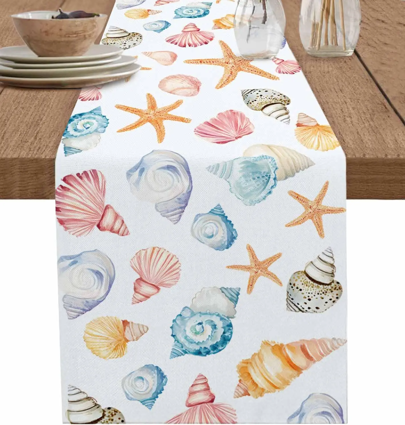 Summer Ocean Shell Starfish Linen Table Runner Home Decor Watercolor Sea Marine Life Kitchen Dining Table Runners Party Decor