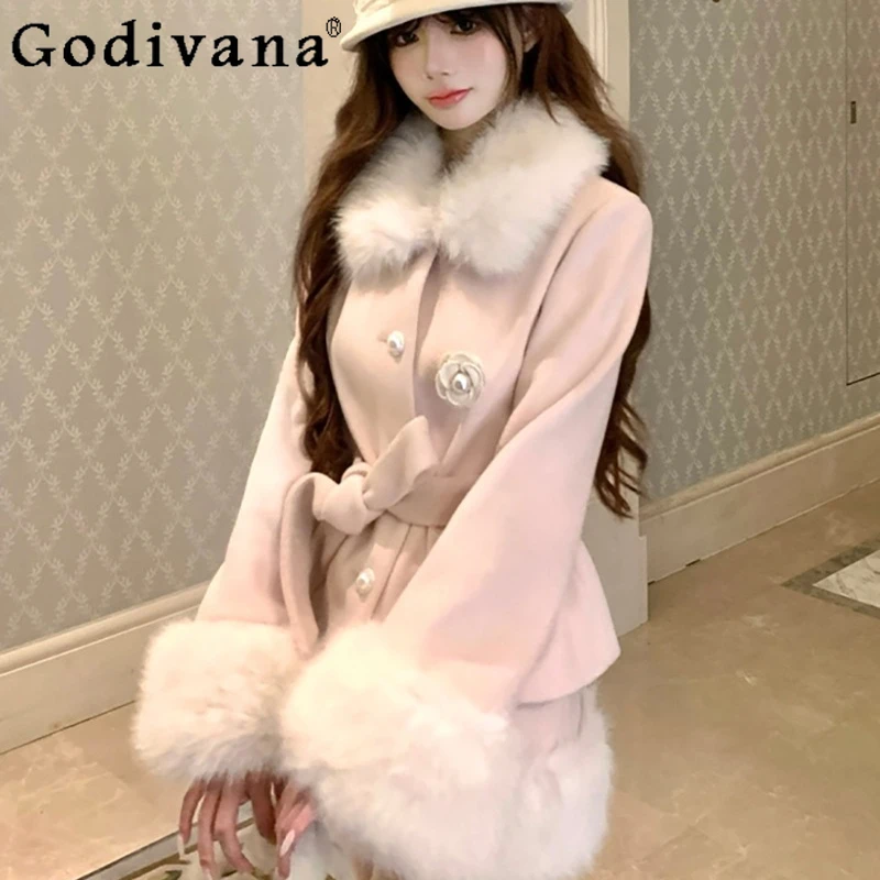 

High End Outfit Set for Women Pink Fur Collar Fluffy Woolen Coat and Skirt Suits Female Japanese Style Lolita Skirt Set