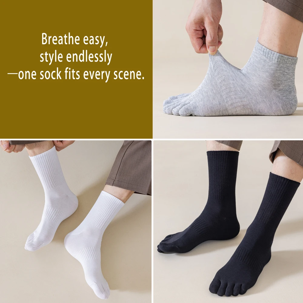 3 أزواج من الجوارب القطنية للرجال قابلة للتنفس بتصميم منفصل لأصابع القدم أسود وأبيض جوارب دائرية مضادة للرائحة جوارب يومية مريحة #4