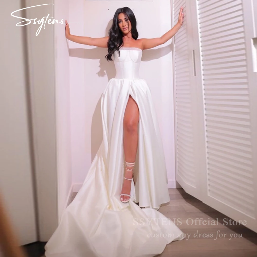 

SSYTENS Minimalism White Wedding Dresses Sexy High Slit Soft Satin Vestido De Novia Boda Strapless Civil Customized Bridal Gowns