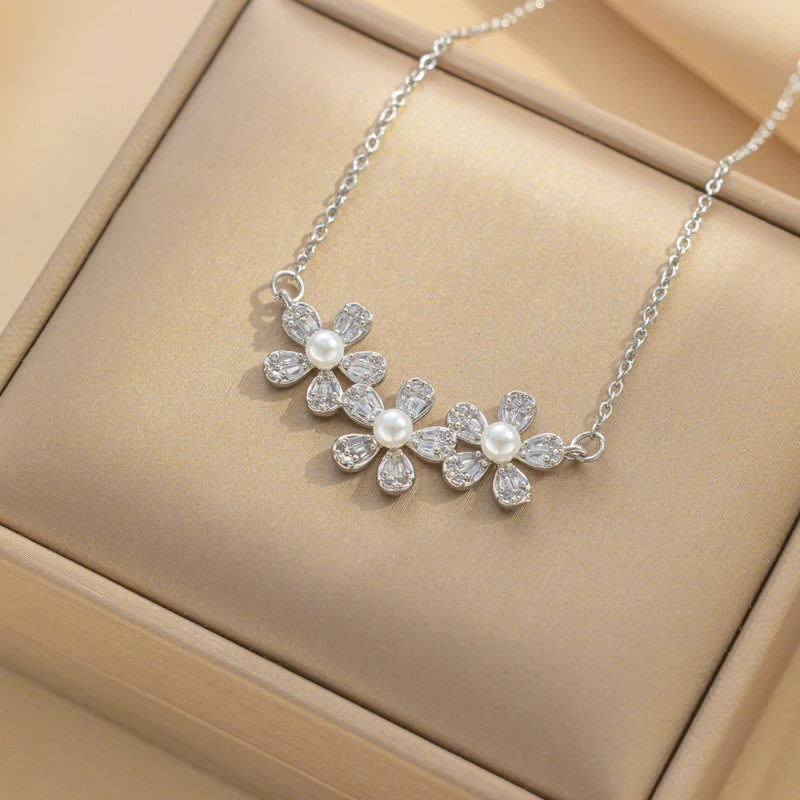 316L Stainless Steel New Fashion Fine Jewelry Japanese Style Zircon Pearl Flower Charm Chain Choker Necklaces Pendants For Women