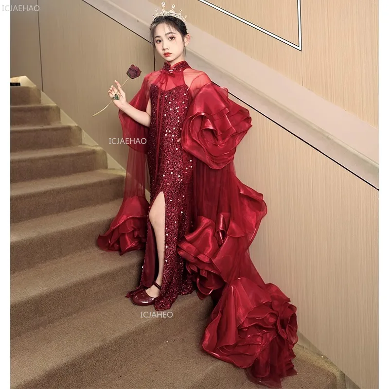 Red Kids Girls Evening Dress with Long Train for PianoShow Pageant Formal Celebration Gown Performance Host Children Fashion view 3