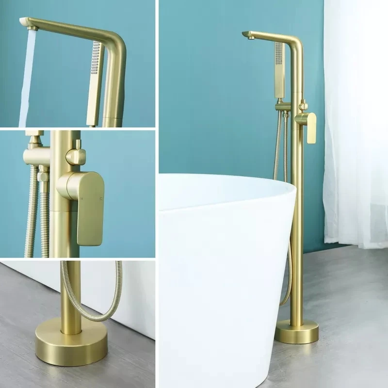 Luxury Brass Floor Mount Stand Freestanding Brushed Gold Bathtub Tub shower filter Faucet with hand shower sprayer for bathtub