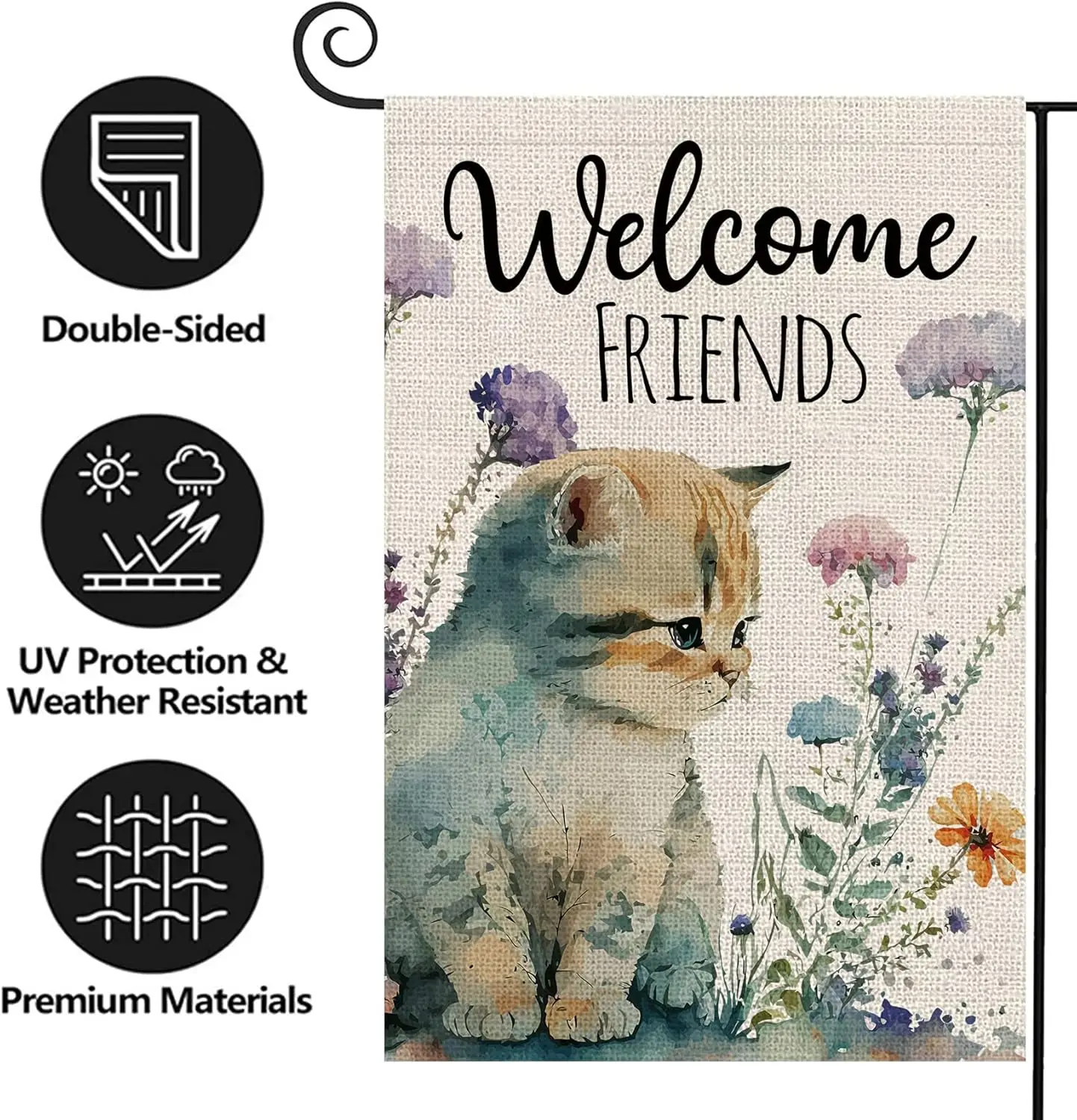 Texupday Welcome Friends Cute Cat Kitten Floral Decoration Double Sided Vertical Burlap Garden Flag Spring Summer Daily Rustic F