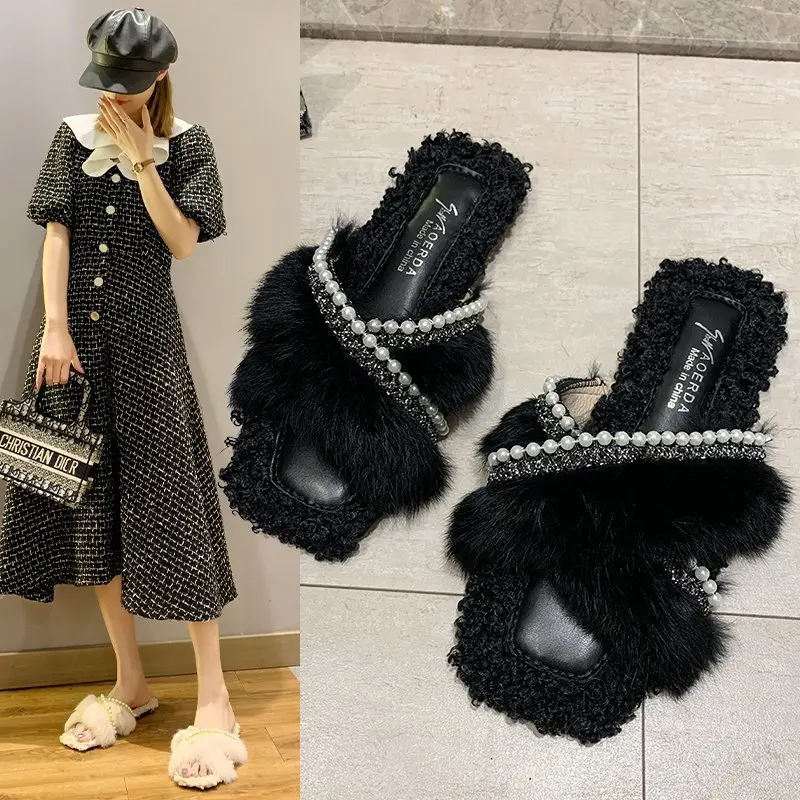 

Шлепанцы женские из флока, Сланцы на плоской подошве, роскошные дизайнерские плюшевые шлепанцы с бусинами, со шнурками, модная обувь для девочек, 2024