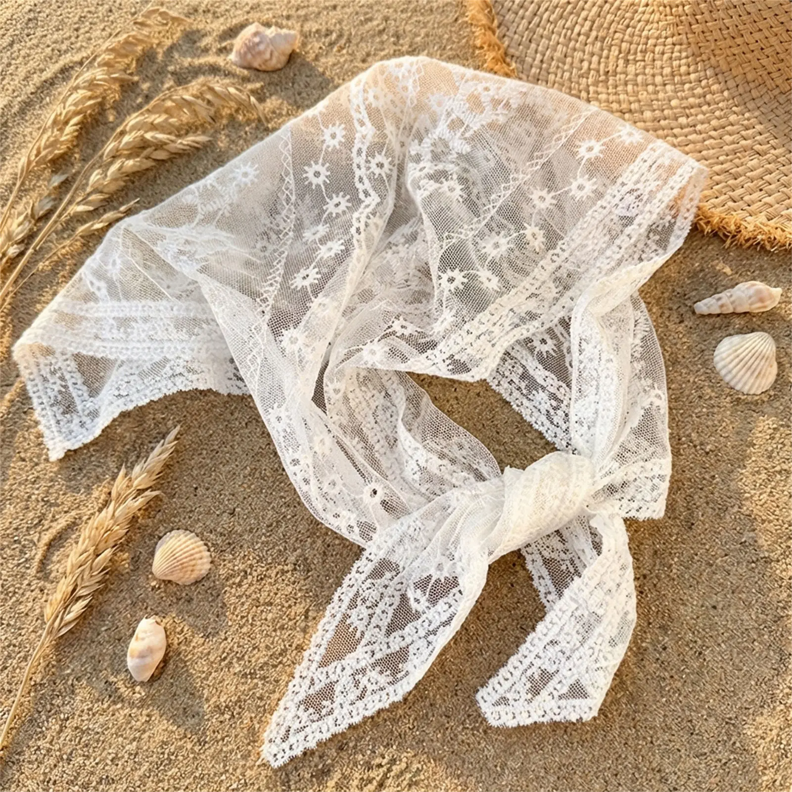 

Lace Floral Scarf For Women Retro French Style Headband Triangle Scarf Hair Accessory For Beach Photography Elegant Look