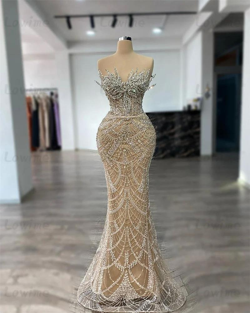 Aso Ebi Champagne Mermaid Prom Dresses Pearl Crystals Women Evening Gowns 2024 Party Second Reception Birthday Engagement Dress