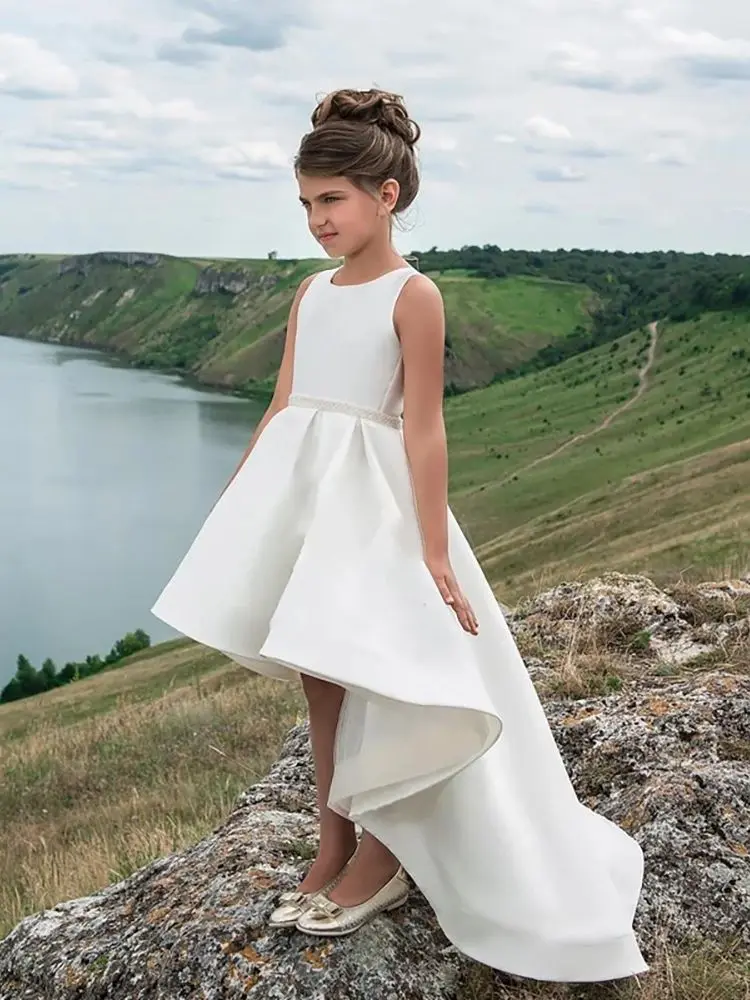 Abito da ragazza di fiori in raso avorio per matrimonio senza maniche elegante stampa per bambini abito da festa di compleanno abiti da ballo per la prima comunione