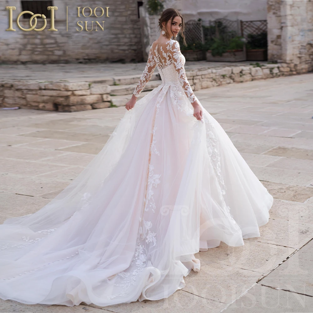 Iwing ISUN-Robe de mariée princesse rose à manches longues, robe de Rh, appliques en dentelle, col rond, bouton, train royal, mariée, quel que soit personnalisé