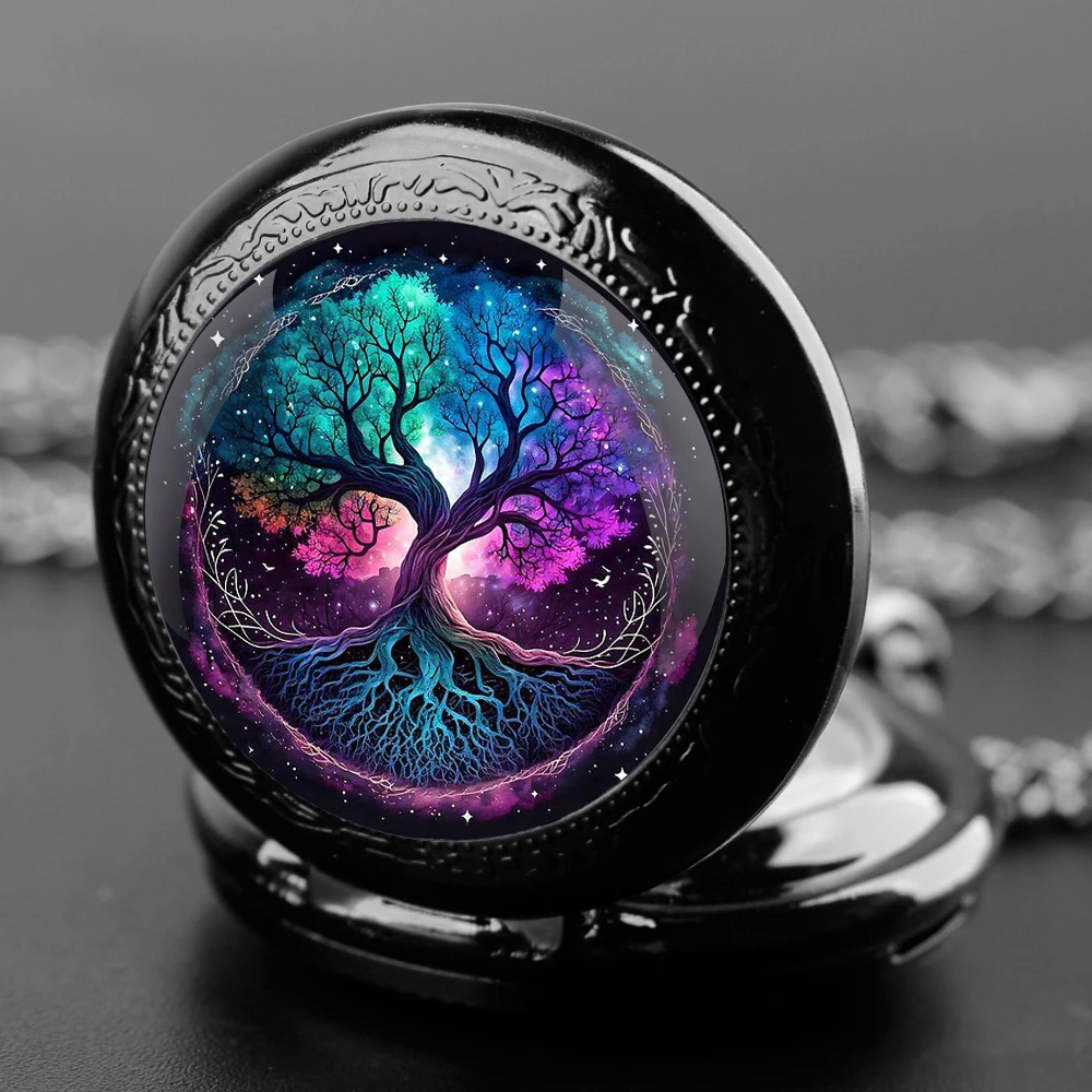 Montre de Poche à Quartz en Verre avec Arbre Magique pour Homme et Femme, Cadeau Exquis, Collier avec Chiffre Arabe, Pendentif