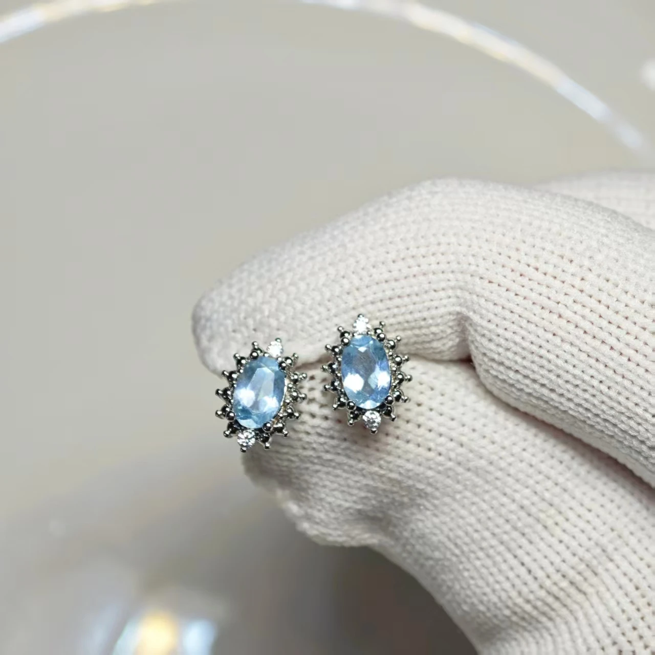 Genuine Natural Blue Topaz 925 Sterling Silver Stud Earrings for women Jewelry Gift 1.4ct Ocean Blue Topaz Oval Pave CZ
