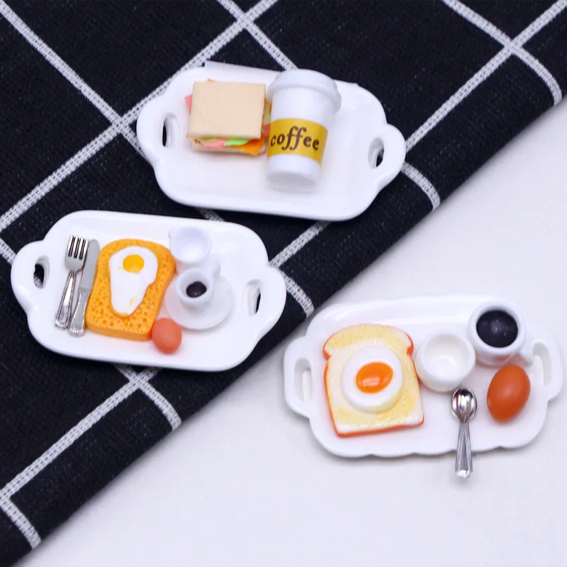 Oohouse doll house breakfast play model, miniature burger egg coffee plate cup spoon simulation shooting