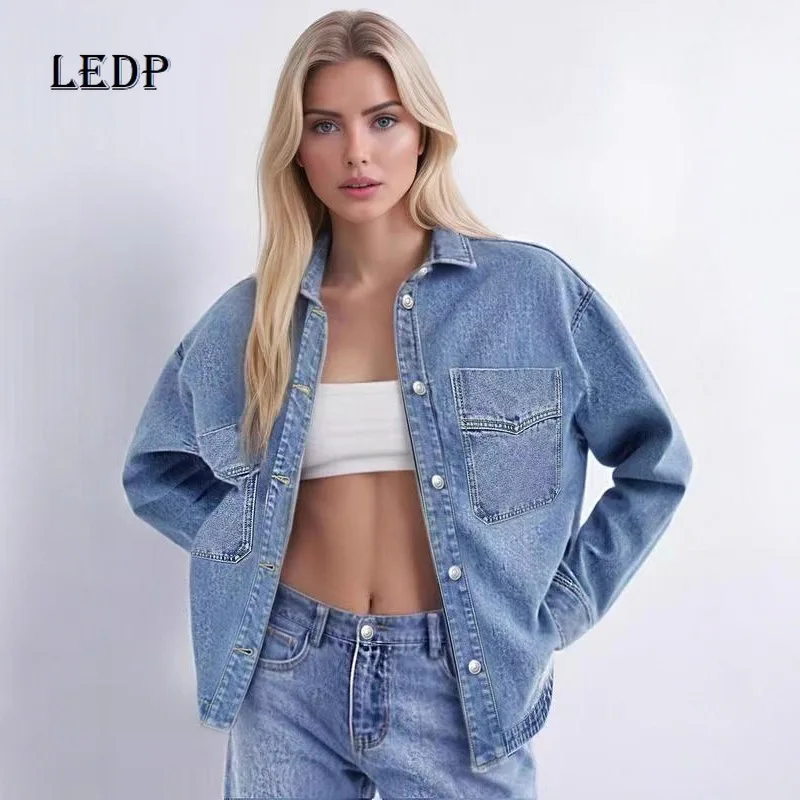 

European American Retro Women's Shirt 2025Autumn New Loose Casual Sweet Cool Personality Versatile Split Denim Shirts Ladies