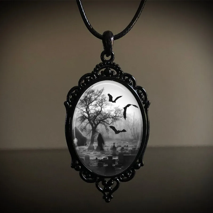 

Gothic Bat Cemetery Charm Necklace For Women Man Fashion Witch Jewelry Accessories Gift Cemetery Glass Pendant Rope Chain Choker