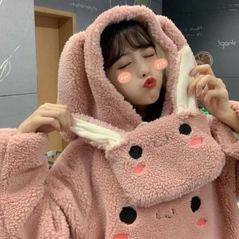 Women Imitation Lamb Plush Thick Loose Casual Pullovers Autumn Winter Warm Leisure Hoodies Kawaii Rabbit Ears Hooded Sweatshirts
