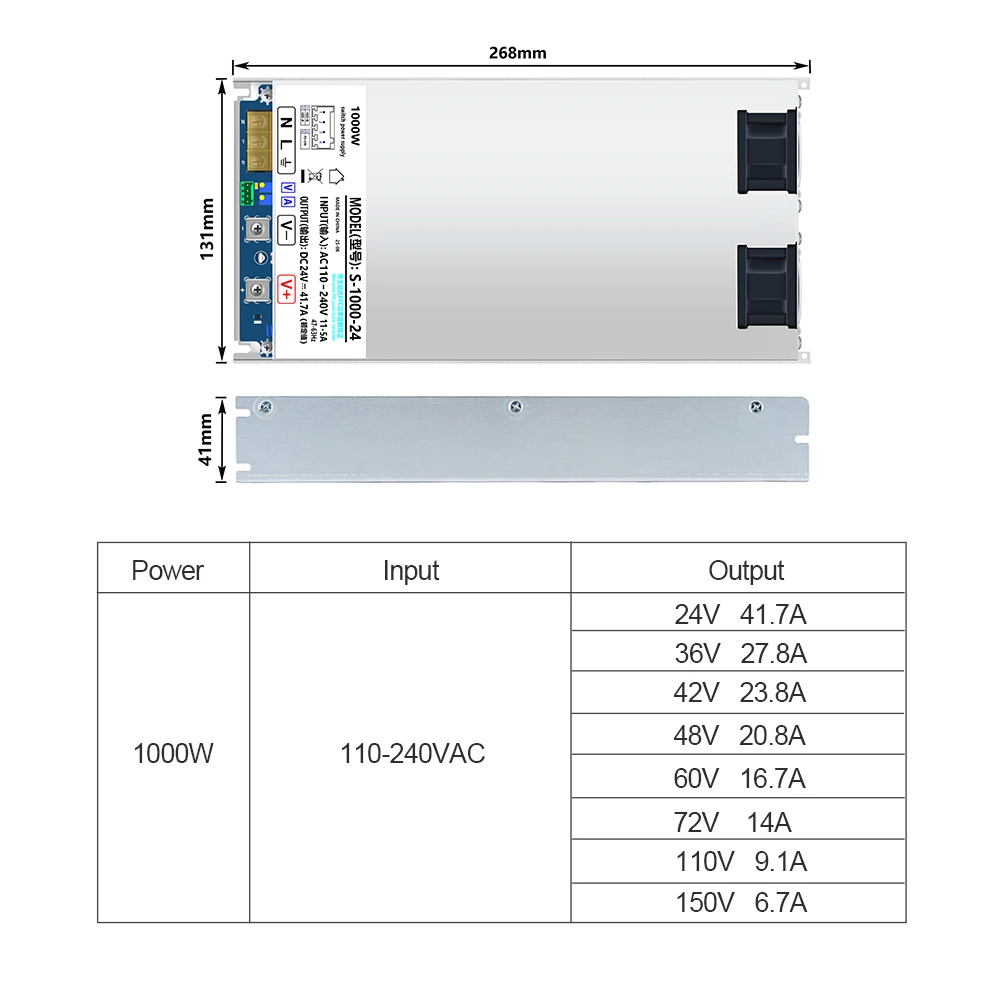 ZJIVNV 1000W Active PFC Switching Power Supply AC 100-240V to DC 24V 36V 48V 60V 72V 110V Industrial Transformer Dual Fan S-1000