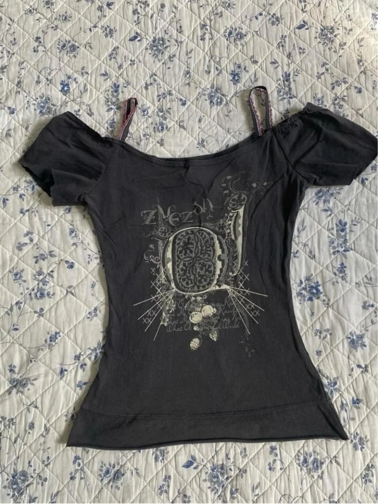 

HOUZHOU Punk Vintage 90s T Shirts Women American Retro Y2k Gothic Sexy Coquette Streetwear Slim Tees Tops Summer 2000s Chic