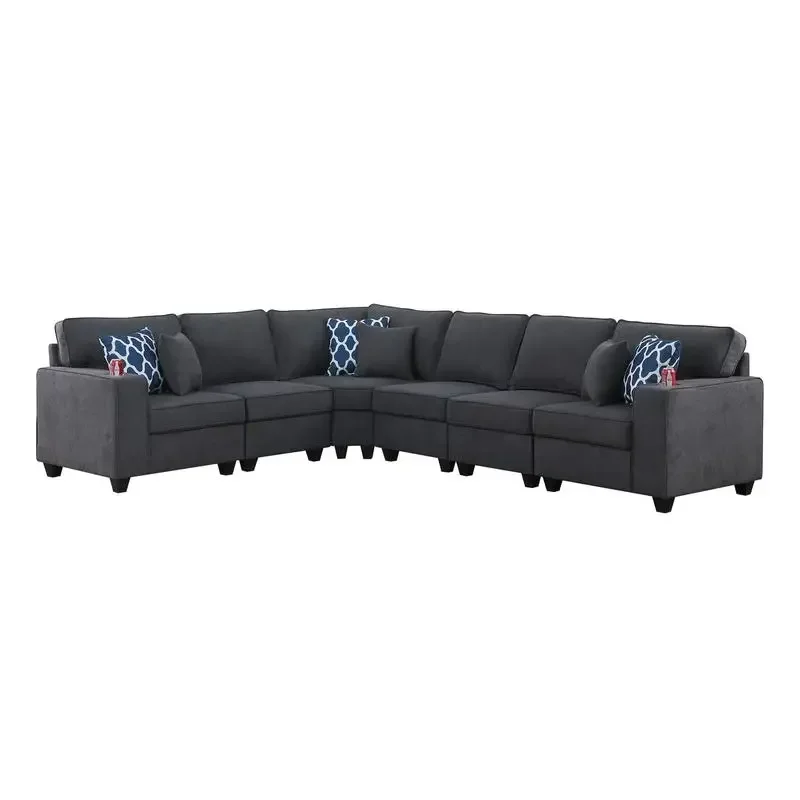 Fabric Reversible L-Shape Sectional Sofa With Cup Holders, 6 Pieces