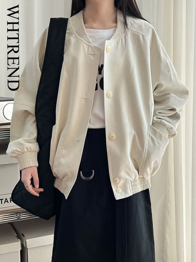 

WHTREND Короткая куртка в корейском стиле с воротником-стойкой для женщин, осенние новые бейсбольные мотоциклетные куртки с застежкой на талии и подолом WH2069