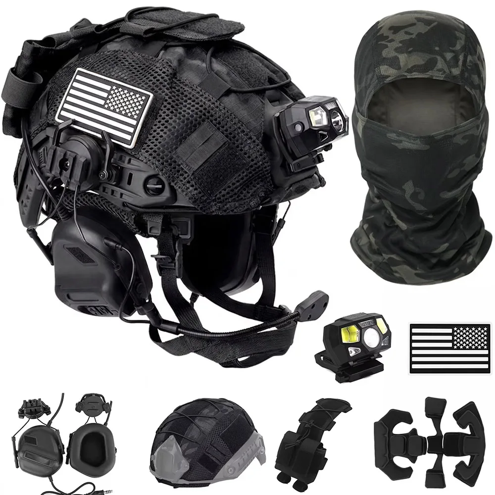 FAST Tactical Helmet Set with Communication Headset Mesh Mask Airsoft Helmet Kit for Military CS Combat Cosplay Outdoor Training