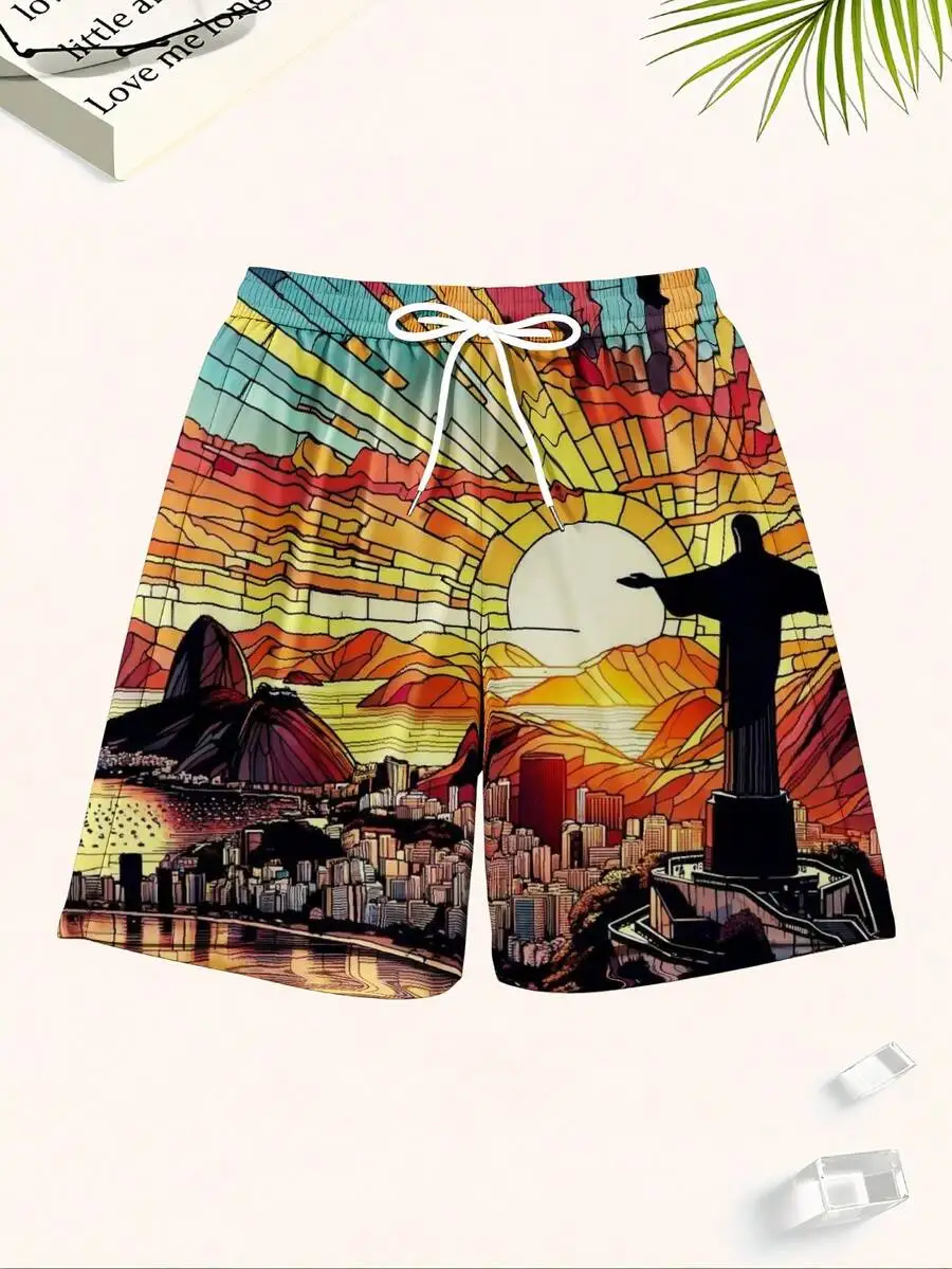 

Mens Vibrant Rio Sunset Swim Trunks Featuring Christ The Redeemer Statue And Sugarloaf Mountain Cityscape Print