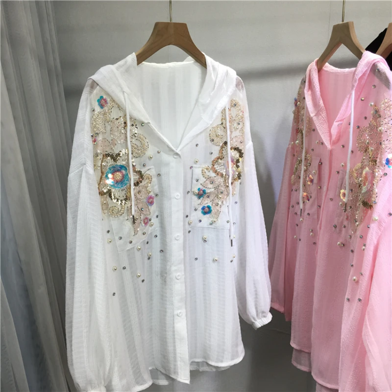 

Summer Women Flowers Embroidery Sequined Chiffon Shirt Thin Hooded Sunscreen Diamonds Beaded Blouses Slim Chiffon Cardigan Tops