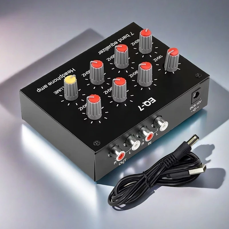 Stereo 7 Band Sound Equalizer RCA Output Input 12dB High Bass Adjustment Audio Amplifier Dual Channel Digital Equalizer