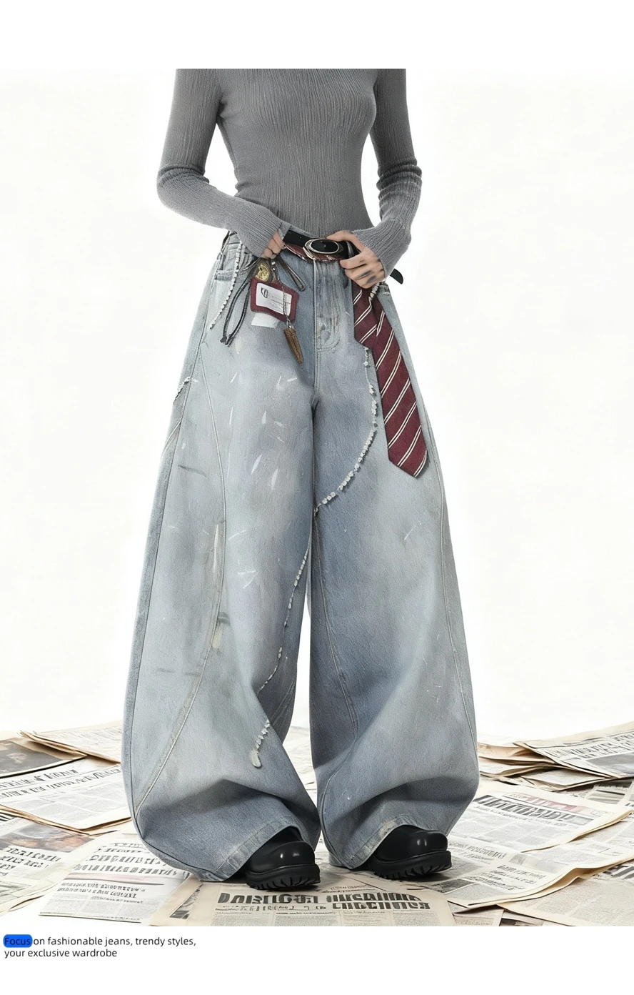 CHIC Street Woman Jeans Tie Studios Washed Denim Jeans Women Cargo Pants High Waist Casual Wide Leg Trousers for Men Female